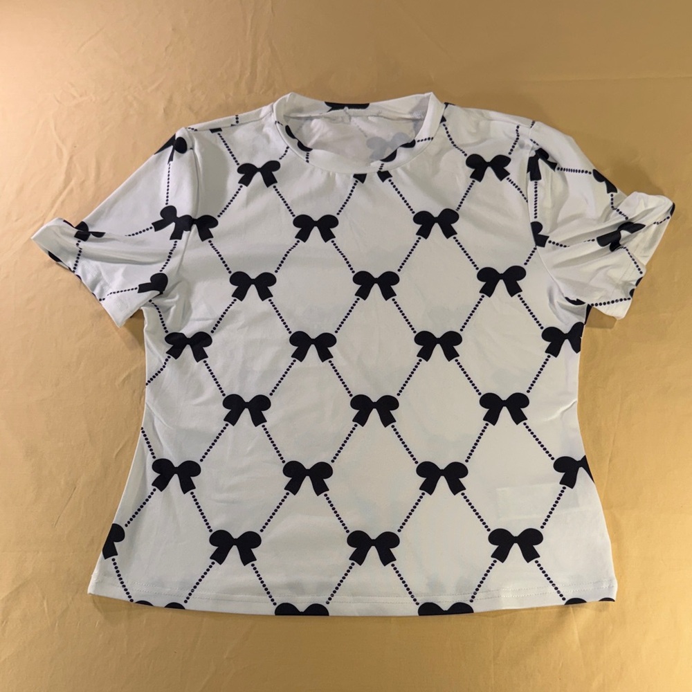 Women's White Tee with Black Bow Pattern